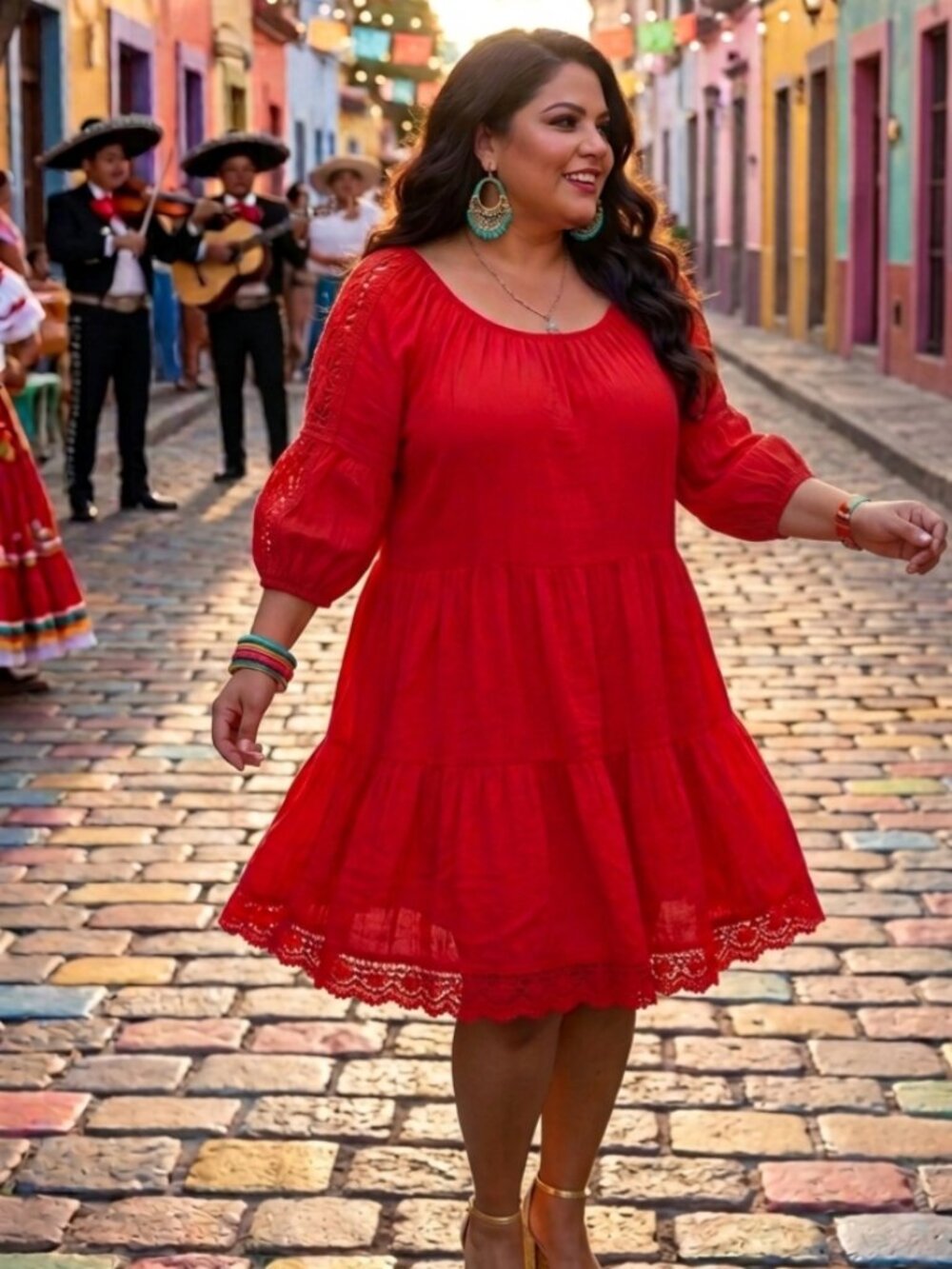 JUST FOUND Red Tiered Mini Dress Plus Size 3XL Boho Crochet Lace Sleeve EUC
